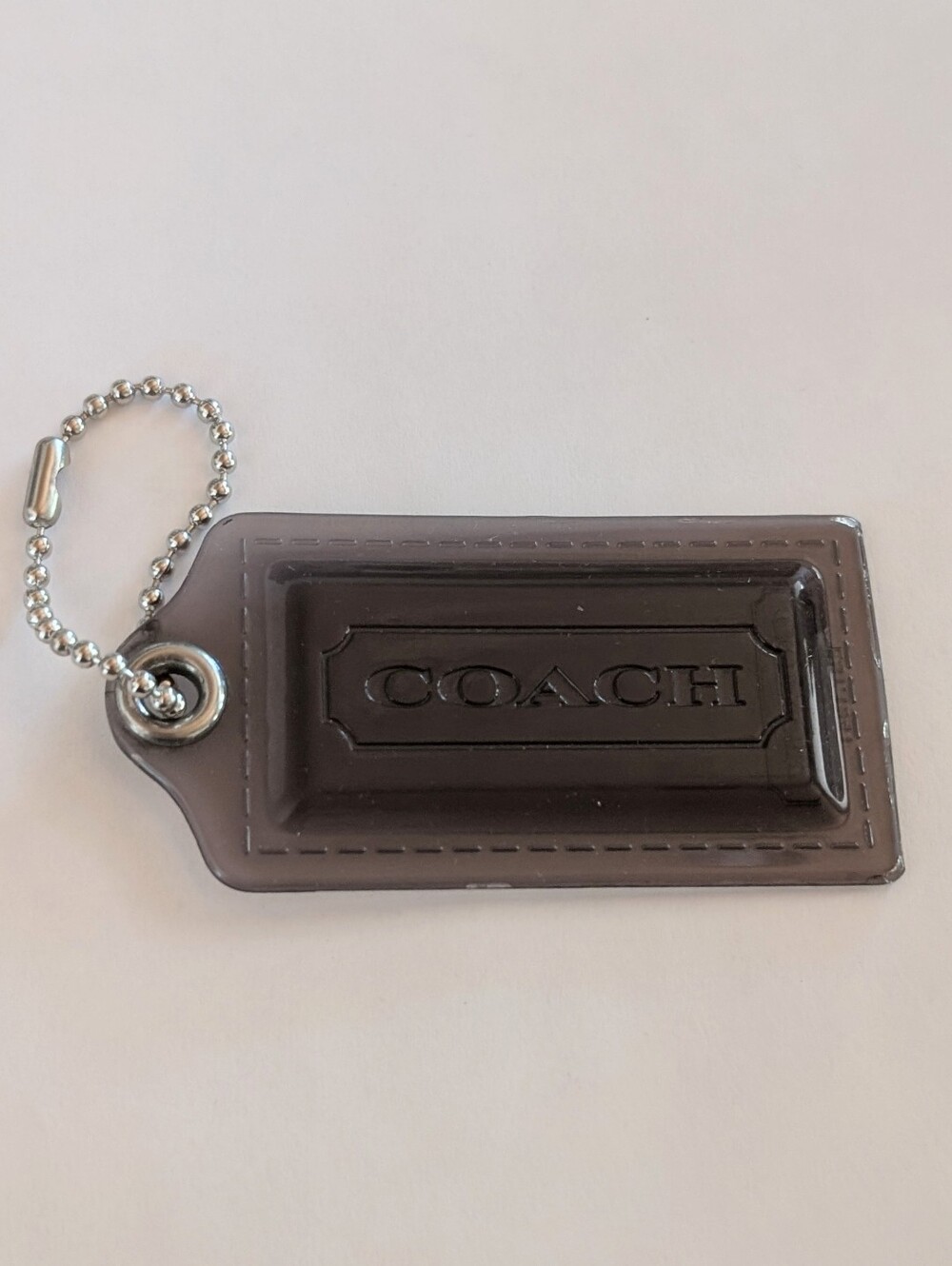 Coach Charcoal Gray Embossed Logo Acrylic 3.5" Key Tag Bag Charm  Ball Chain